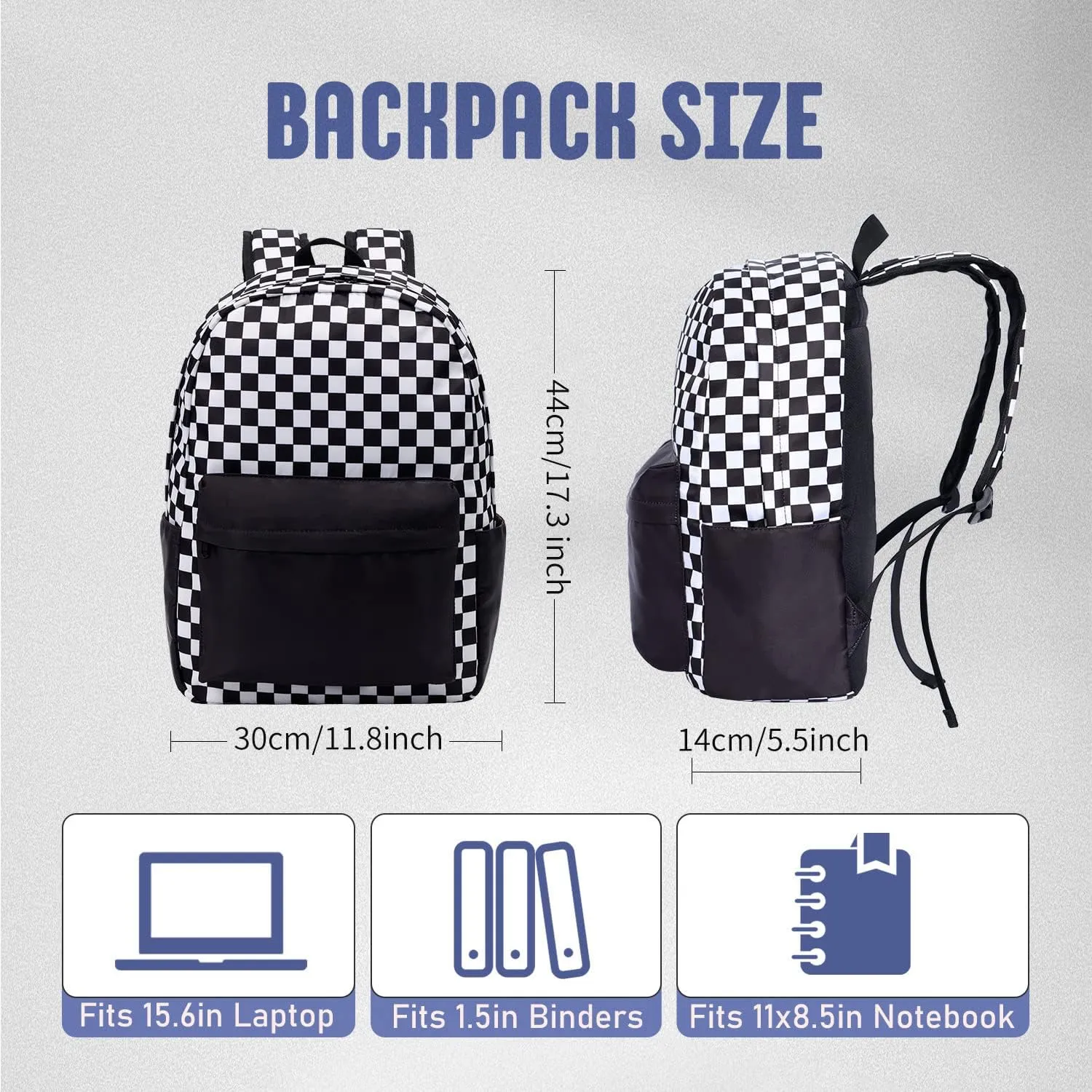 Checkered Backpack - School Backpack for Kids, Large Capacity, Waterproof, Lightweight, Black
