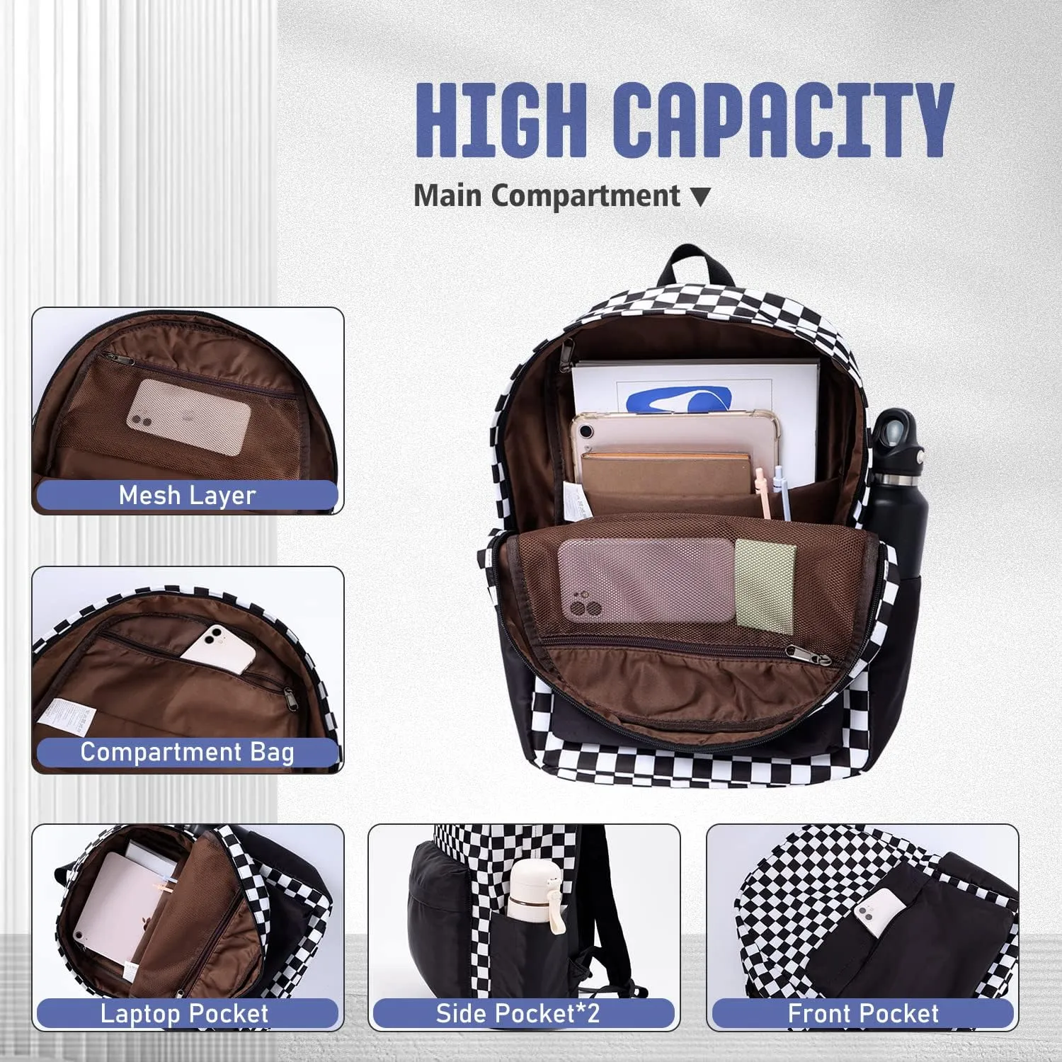 Checkered Backpack - School Backpack for Kids, Large Capacity, Waterproof, Lightweight, Black