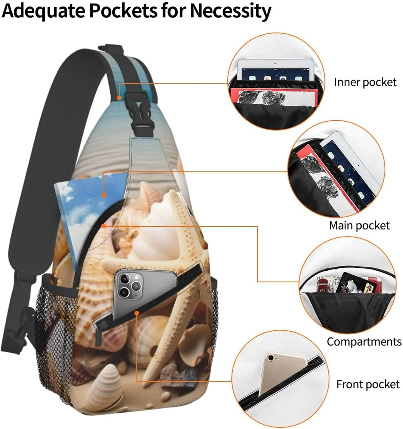 Chest Bag Starfish and Seashells print Sling Backpack Crossbody Sling Bag for Women Men Cross Body Bag