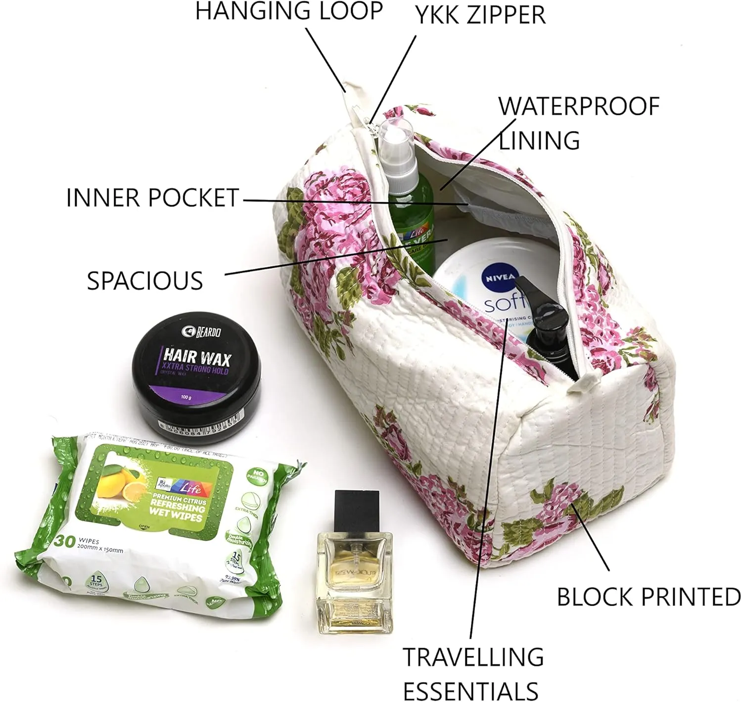 Cotton Hand Block Floral Print Toiletry Bag For Women Make Up Cosmetic Bag Jewelry Organizer Kit Storage Bag Case Travel Accessories Essential Toiletries Purse Open Pouch White 1 (9.25"x 6.88"x 4.5")