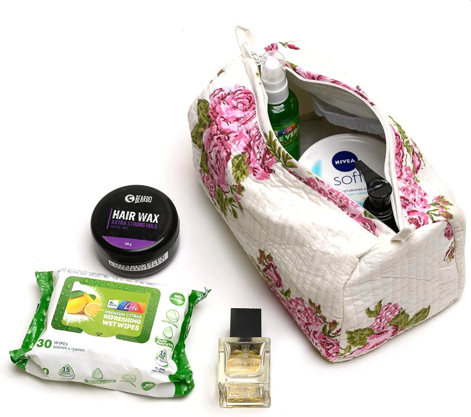 Cotton Hand Block Floral Print Toiletry Bag For Women Make Up Cosmetic Bag Jewelry Organizer Kit Storage Bag Case Travel Accessories Essential Toiletries Purse Open Pouch White 1 (9.25"x 6.88"x 4.5")