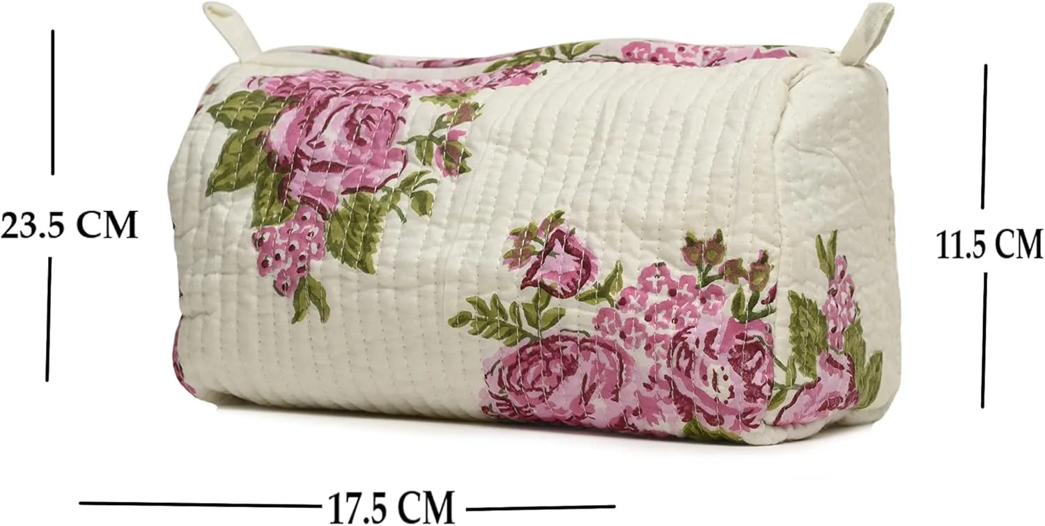Cotton Hand Block Floral Print Toiletry Bag For Women Make Up Cosmetic Bag Jewelry Organizer Kit Storage Bag Case Travel Accessories Essential Toiletries Purse Open Pouch White 1 (9.25"x 6.88"x 4.5")