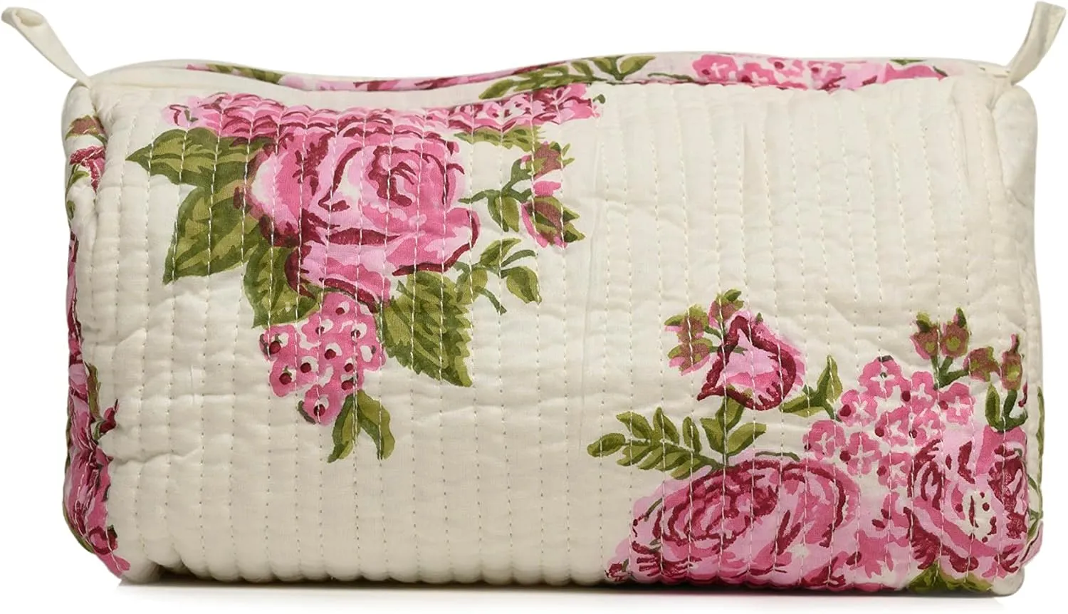 Cotton Hand Block Floral Print Toiletry Bag For Women Make Up Cosmetic Bag Jewelry Organizer Kit Storage Bag Case Travel Accessories Essential Toiletries Purse Open Pouch White 1 (9.25"x 6.88"x 4.5")