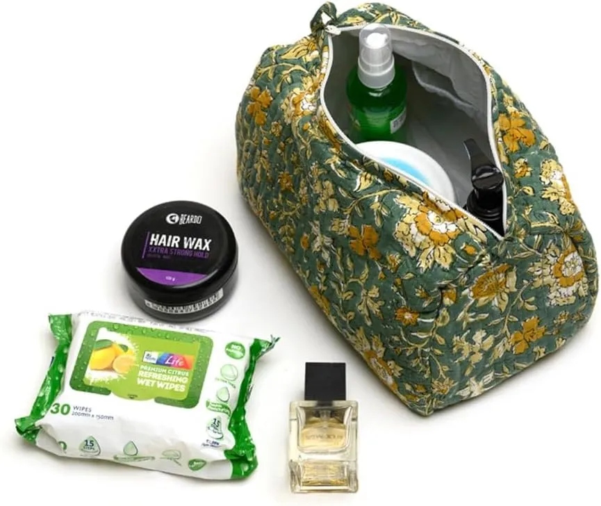 Cotton Hand Block Floral Print Toiletry Bag For Women Make Up Cosmetic Bag Jewelry Organizer Kit Storage Bag Case Travel Accessories Essentials Toiletries Purse Open Pouch, Green (9.25"x 6.88"x 4.5")