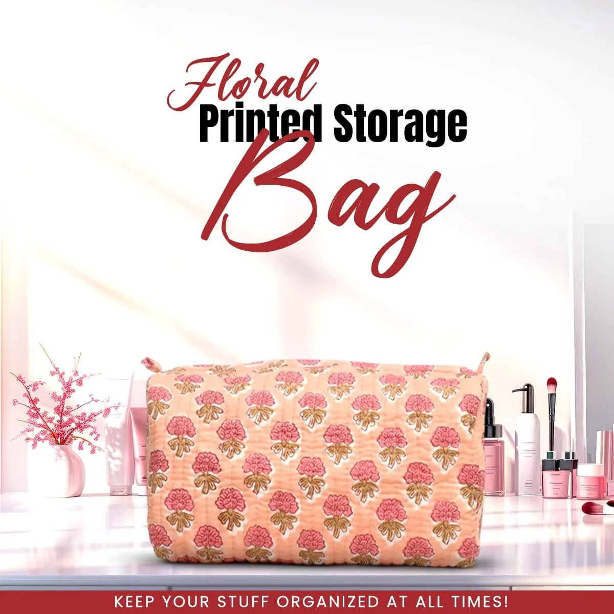 Cotton Hand Block Floral Print Toiletry Bag For Women Make Up Cosmetic Bag Jewelry Organizer Kit Storage Bag Case Travel Accessories Essentials Toiletries Purse Open Pouch, Orange (9.25"x 6.88"x 4.5")