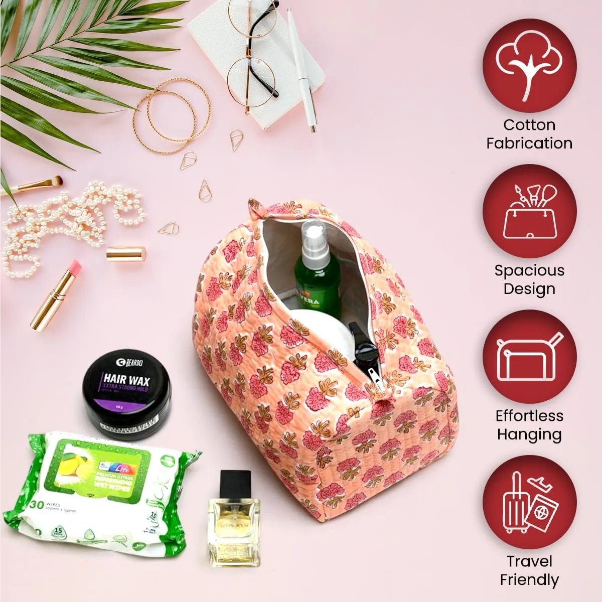 Cotton Hand Block Floral Print Toiletry Bag For Women Make Up Cosmetic Bag Jewelry Organizer Kit Storage Bag Case Travel Accessories Essentials Toiletries Purse Open Pouch, Orange (9.25"x 6.88"x 4.5")