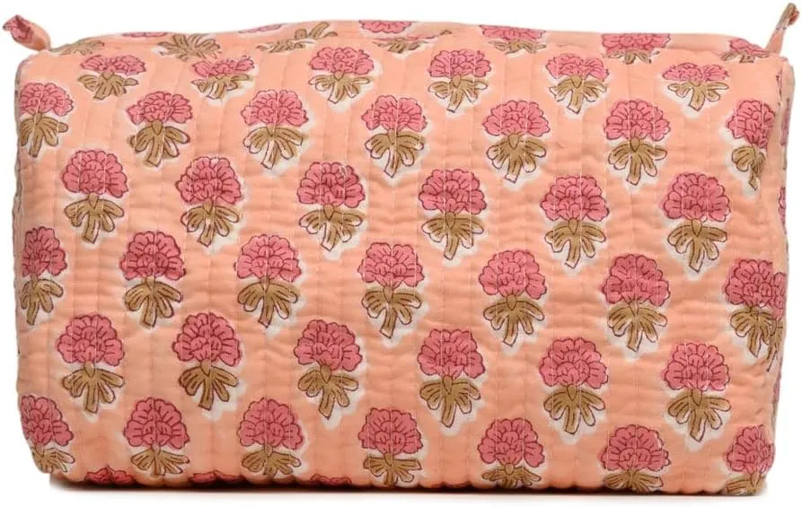 Cotton Hand Block Floral Print Toiletry Bag For Women Make Up Cosmetic Bag Jewelry Organizer Kit Storage Bag Case Travel Accessories Essentials Toiletries Purse Open Pouch, Orange (9.25"x 6.88"x 4.5")