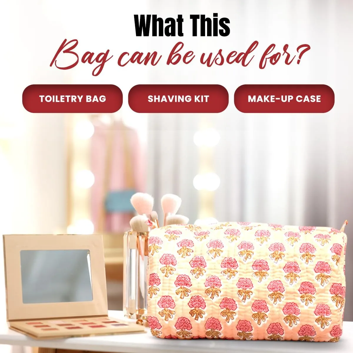 Cotton Hand Block Floral Print Toiletry Bag For Women Make Up Cosmetic Bag Jewelry Organizer Kit Storage Bag Case Travel Accessories Essentials Toiletries Purse Open Pouch, Orange (9.25"x 6.88"x 4.5")