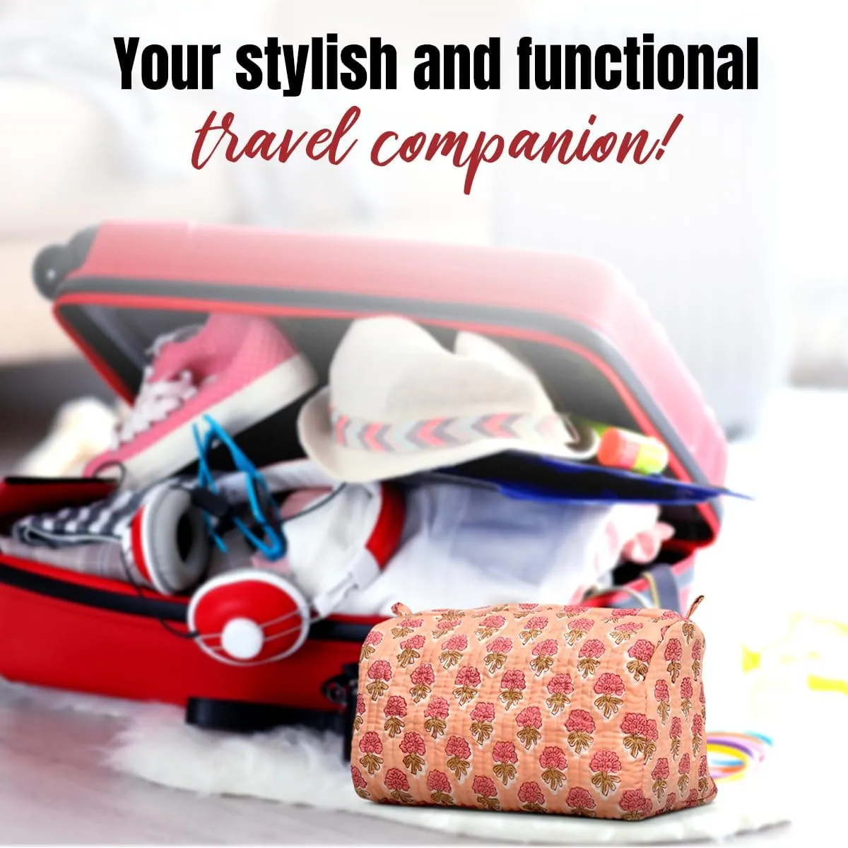 Cotton Hand Block Floral Print Toiletry Bag For Women Make Up Cosmetic Bag Jewelry Organizer Kit Storage Bag Case Travel Accessories Essentials Toiletries Purse Open Pouch, Orange (9.25"x 6.88"x 4.5")