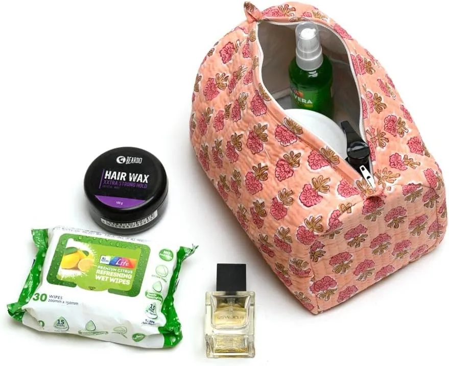 Cotton Hand Block Floral Print Toiletry Bag For Women Make Up Cosmetic Bag Jewelry Organizer Kit Storage Bag Case Travel Accessories Essentials Toiletries Purse Open Pouch, Orange (9.25"x 6.88"x 4.5")