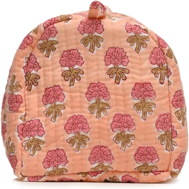 Cotton Hand Block Floral Print Toiletry Bag For Women Make Up Cosmetic Bag Jewelry Organizer Kit Storage Bag Case Travel Accessories Essentials Toiletries Purse Open Pouch, Orange (9.25"x 6.88"x 4.5")