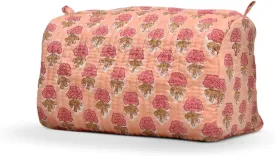 Cotton Hand Block Floral Print Toiletry Bag For Women Make Up Cosmetic Bag Jewelry Organizer Kit Storage Bag Case Travel Accessories Essentials Toiletries Purse Open Pouch, Orange (9.25"x 6.88"x 4.5")