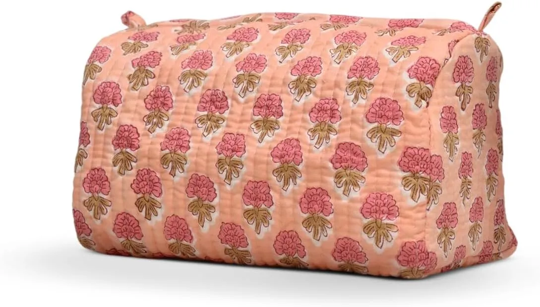 Cotton Hand Block Floral Print Toiletry Bag For Women Make Up Cosmetic Bag Jewelry Organizer Kit Storage Bag Case Travel Accessories Essentials Toiletries Purse Open Pouch, Orange (9.25"x 6.88"x 4.5")