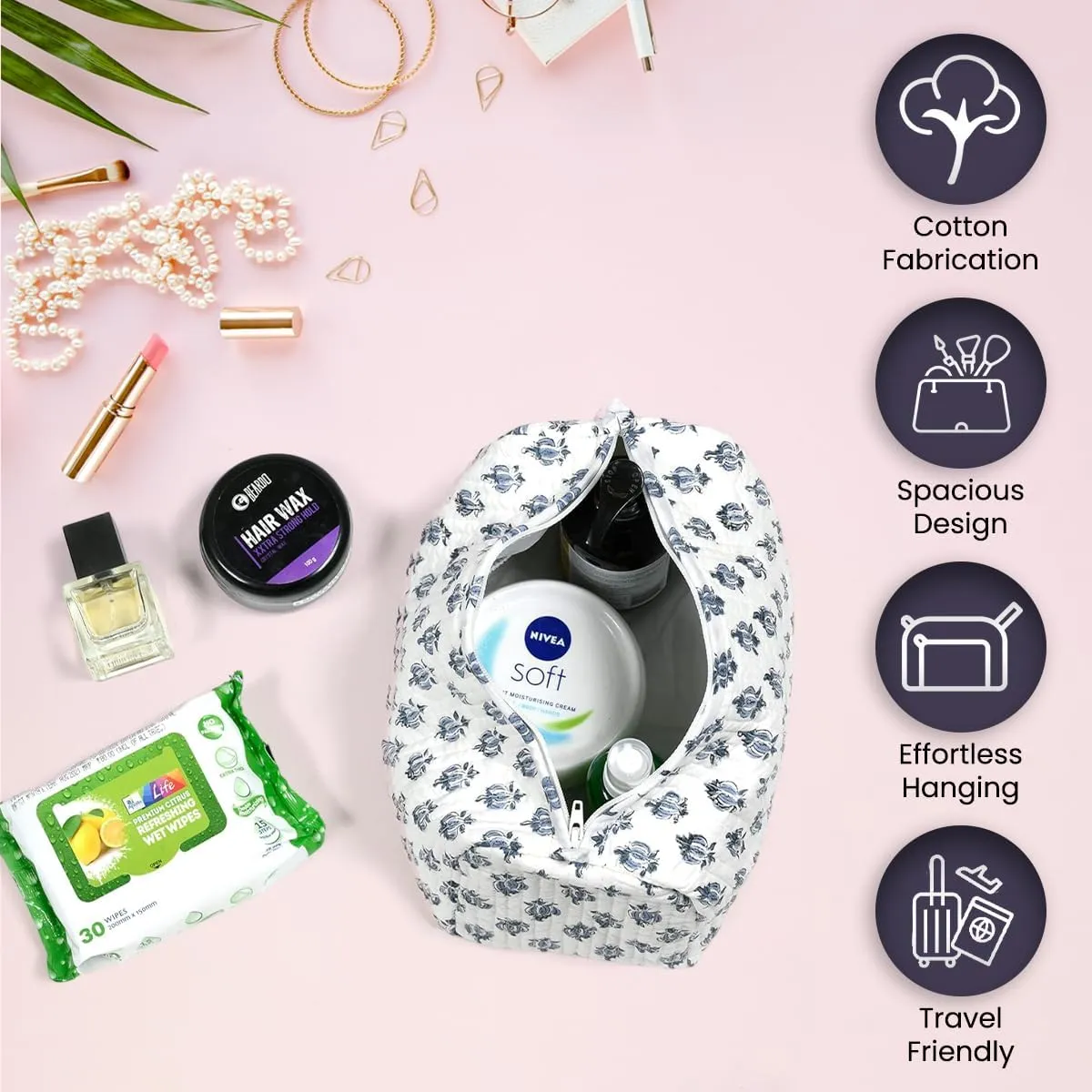 Cotton Hand Block Floral Print Toiletry Bag For Women Make Up Cosmetic Bag Jewelry Organizer Kit Storage Bag Case Travel Accessories Essentials Toiletries Purse Open Pouch White 2 (9.25"x 6.88"x 4.5")