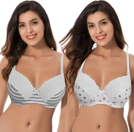 Curve Muse Plus Size Nursing Cotton Unlined Bra with Lace Trim-2 Or 3PK