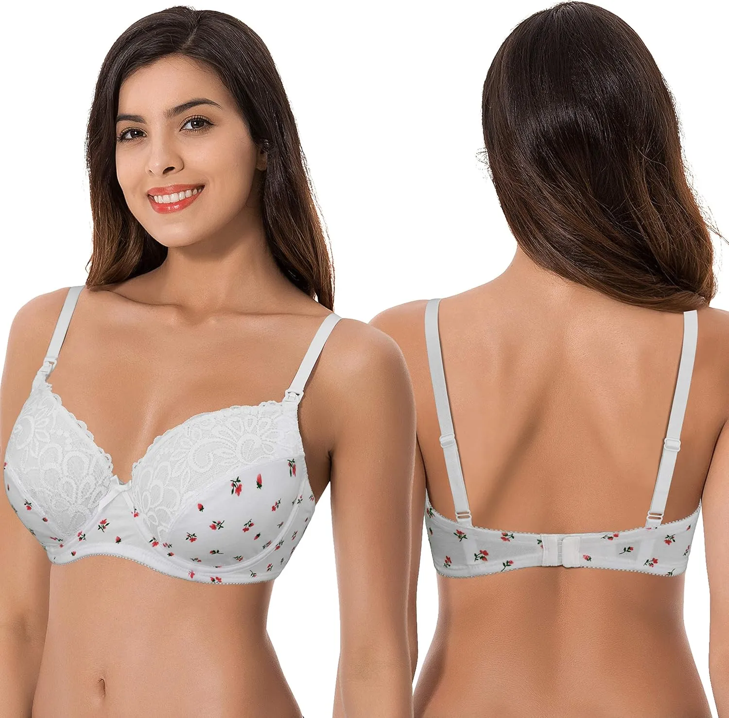 Curve Muse Plus Size Nursing Cotton Unlined Bra with Lace Trim-2 Or 3PK