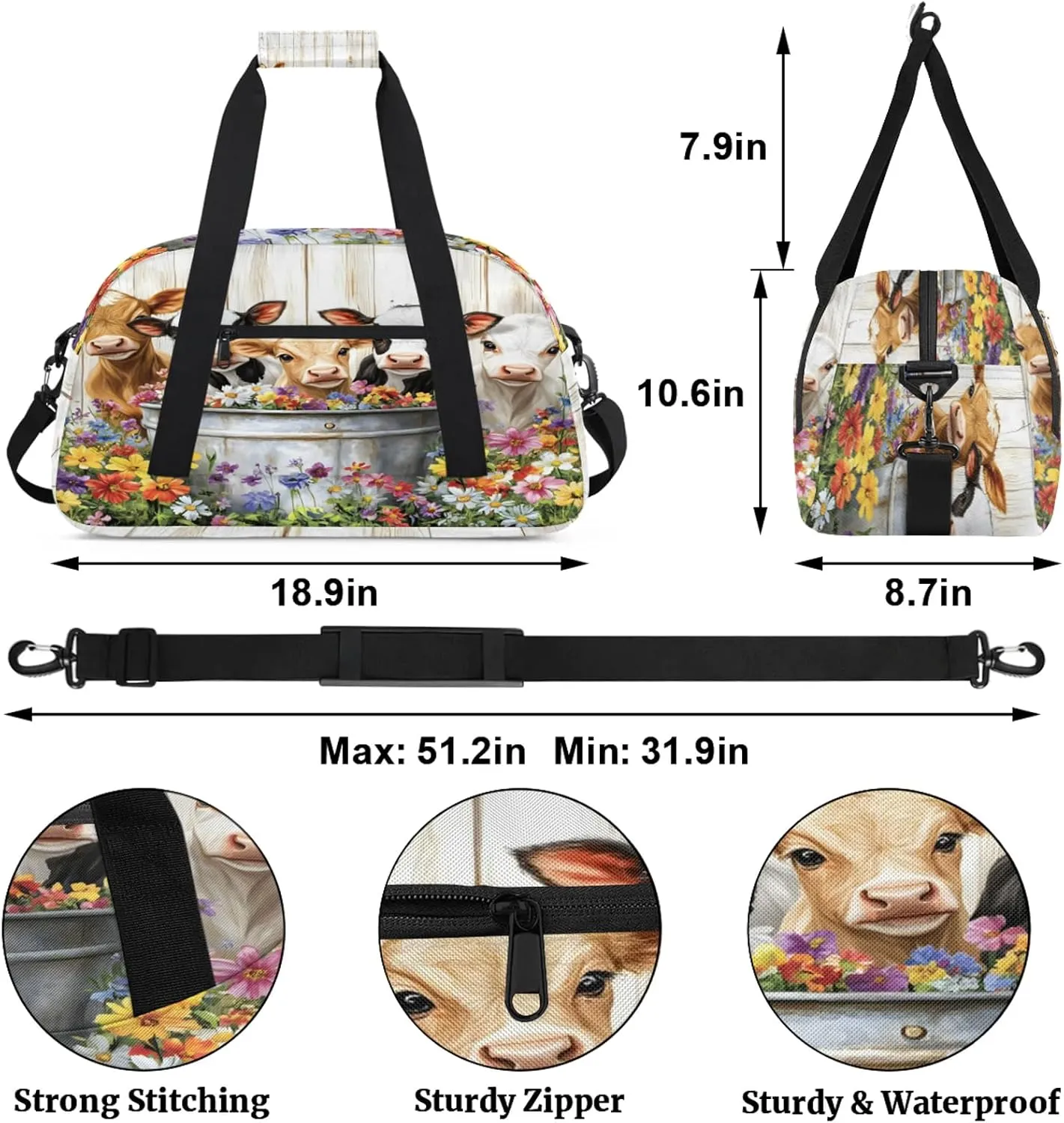 Cute Cow Sports Duffle Gym Bags for Men or Women, Farmhouse Rustic Cow Flower Lightweight Carry On Overnight Weekender Bag for Travel Workout