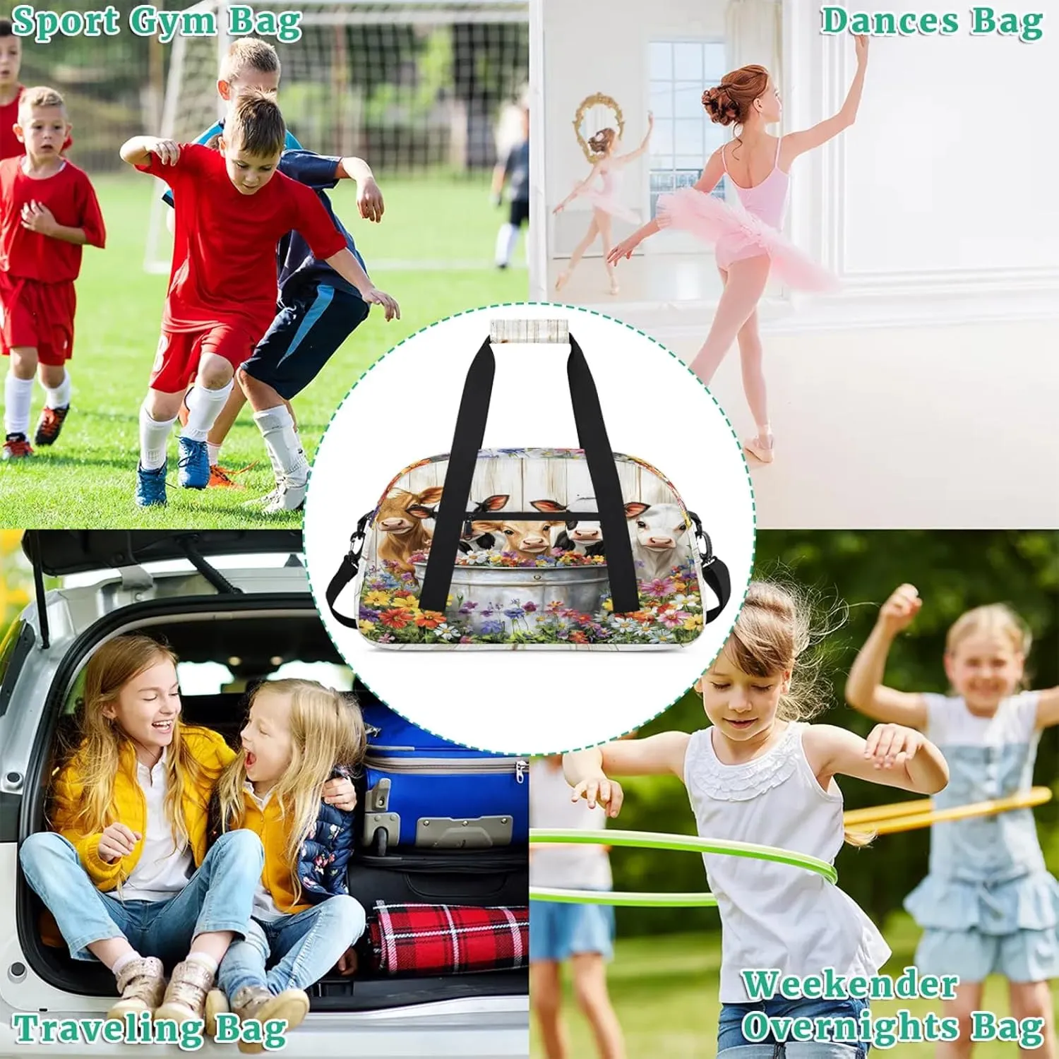 Cute Cow Sports Duffle Gym Bags for Men or Women, Farmhouse Rustic Cow Flower Lightweight Carry On Overnight Weekender Bag for Travel Workout