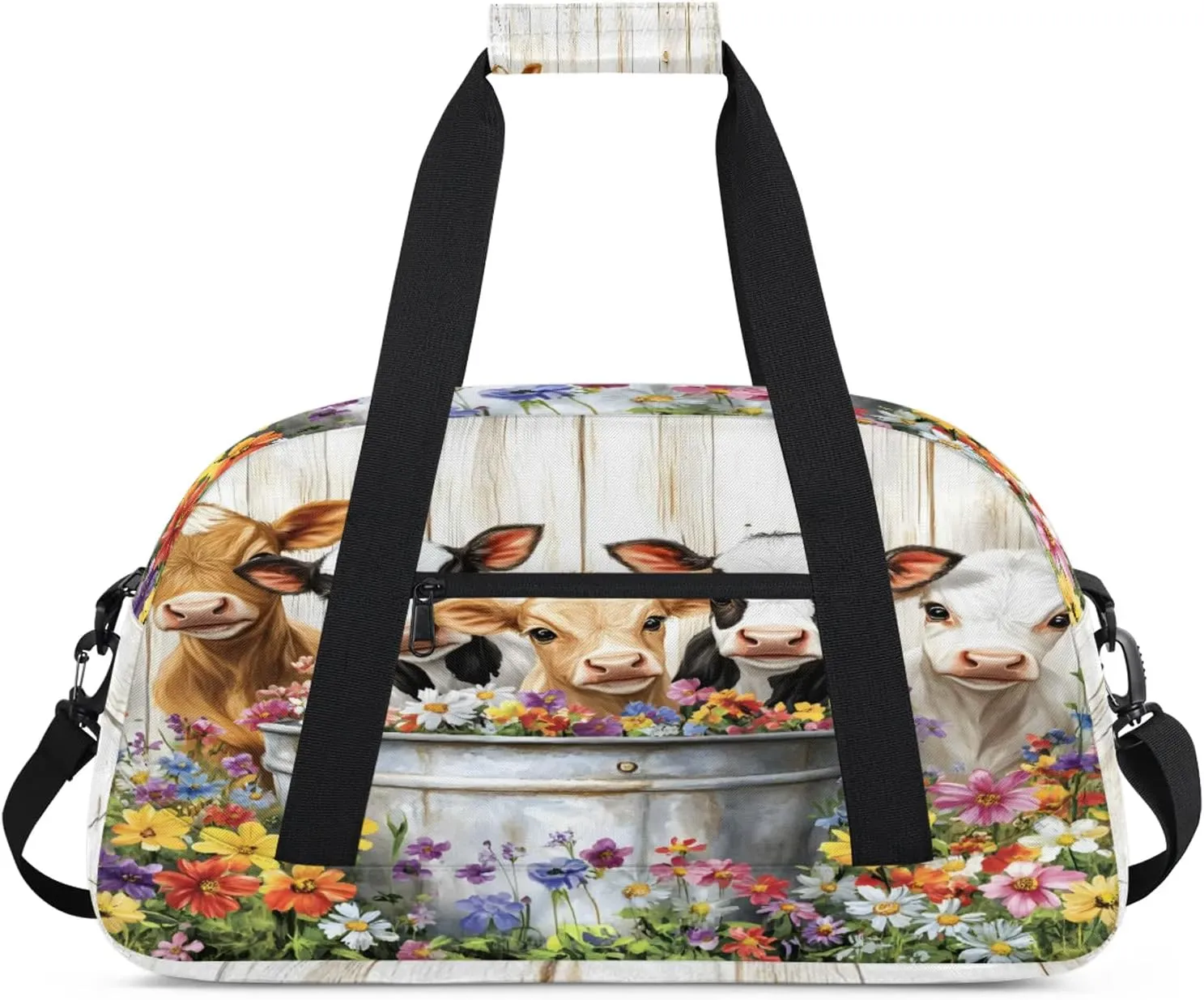 Cute Cow Sports Duffle Gym Bags for Men or Women, Farmhouse Rustic Cow Flower Lightweight Carry On Overnight Weekender Bag for Travel Workout