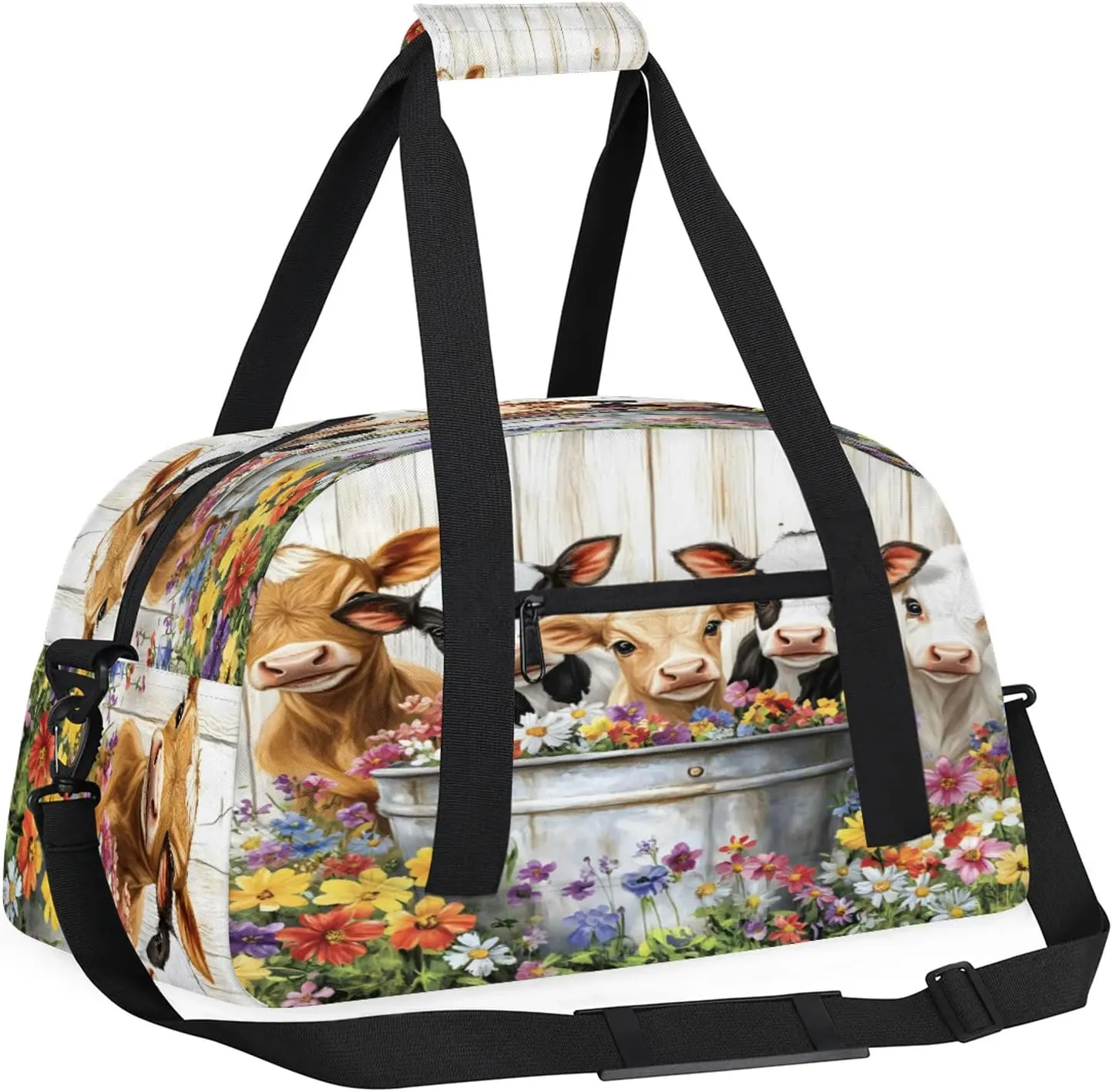 Cute Cow Sports Duffle Gym Bags for Men or Women, Farmhouse Rustic Cow Flower Lightweight Carry On Overnight Weekender Bag for Travel Workout