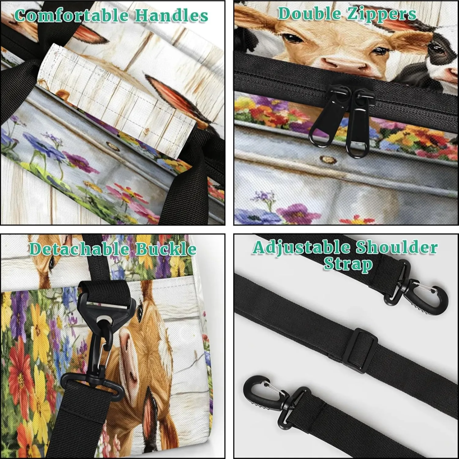 Cute Cow Sports Duffle Gym Bags for Men or Women, Farmhouse Rustic Cow Flower Lightweight Carry On Overnight Weekender Bag for Travel Workout