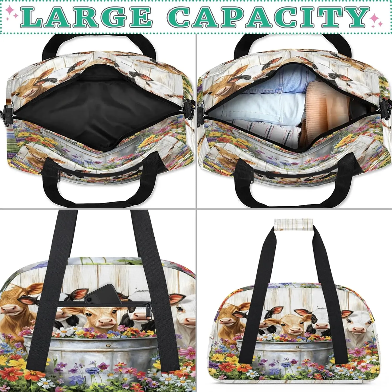 Cute Cow Sports Duffle Gym Bags for Men or Women, Farmhouse Rustic Cow Flower Lightweight Carry On Overnight Weekender Bag for Travel Workout
