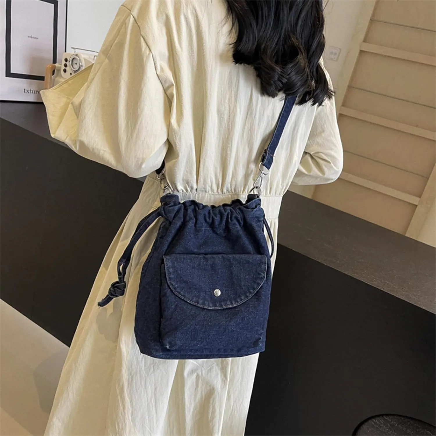 Denim Crossbody Bag Small Drawstring Phone Bag Casual Bucket Purse Shoulder Messenger Bag