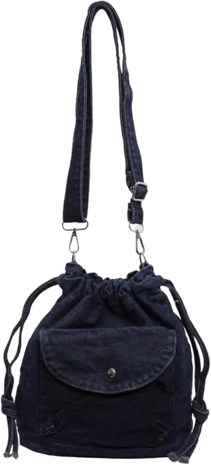 Denim Crossbody Bag Small Drawstring Phone Bag Casual Bucket Purse Shoulder Messenger Bag