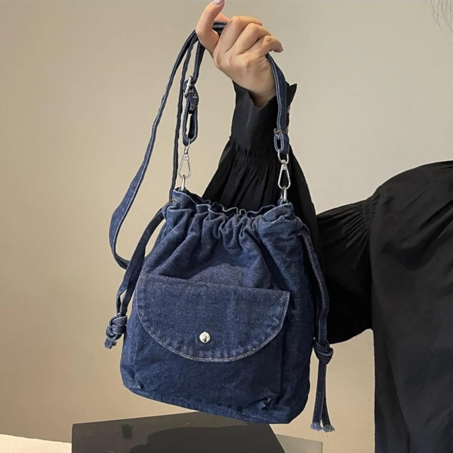 Denim Crossbody Bag Small Drawstring Phone Bag Casual Bucket Purse Shoulder Messenger Bag