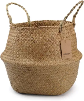DOKOT Seagrass Plant Basket with Handles, Wicker Woven Storage Basket, 9.5inch Diameter x 11inch Height