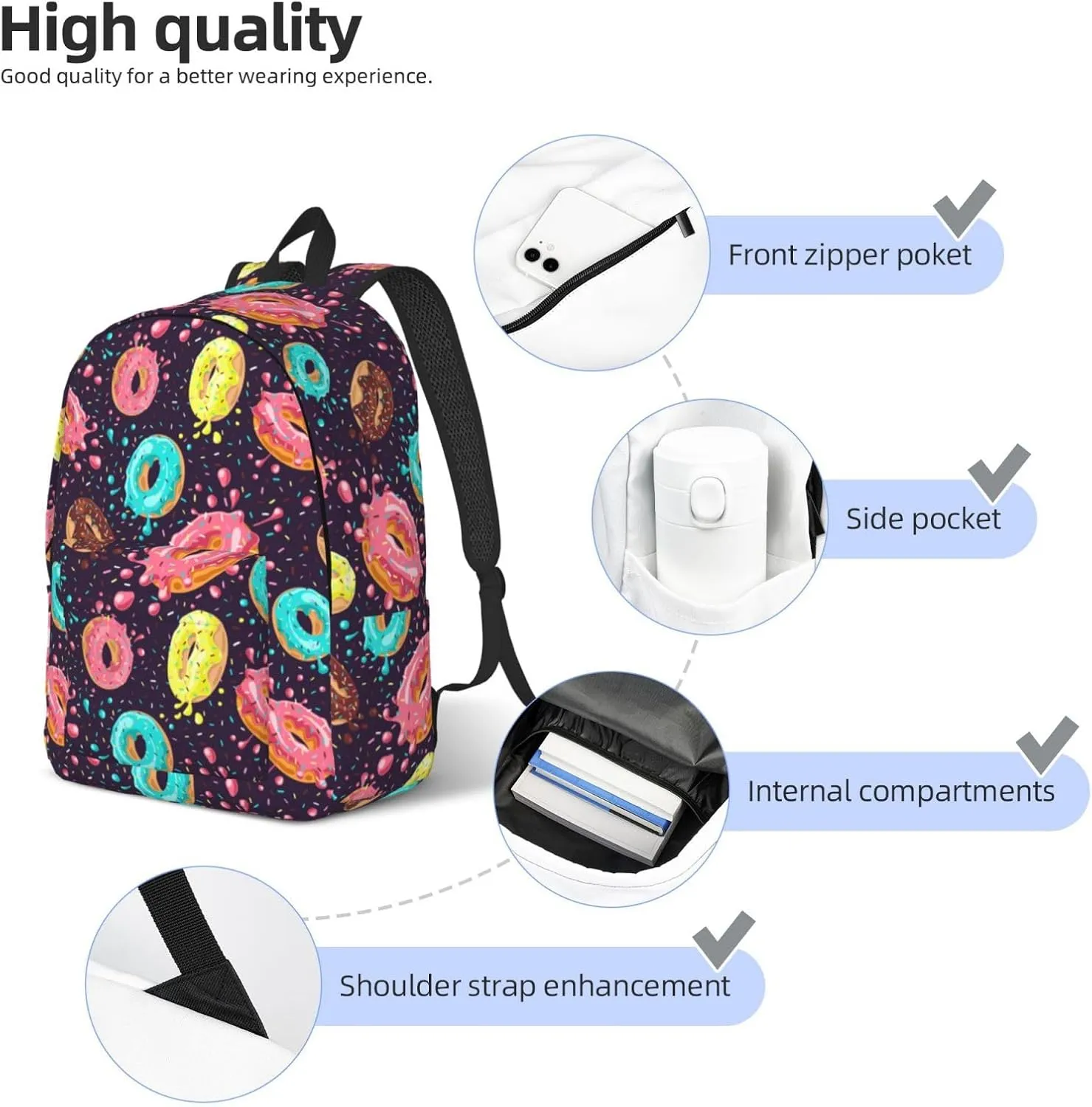 Donut Bright Food Backpack for Girls Boys Women Lightweight Canvas Bookbag Casual Daypack for Travel Outdoor Camping, 15 Inch