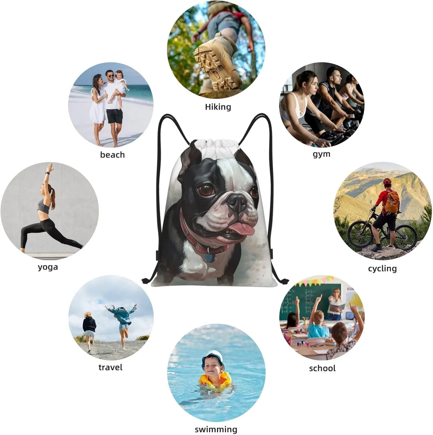 Drawstring Backpack Sports Gym Sackpack Boston Terrier Cinch Bag Waterproof String Bags Lightweight Swim Bag