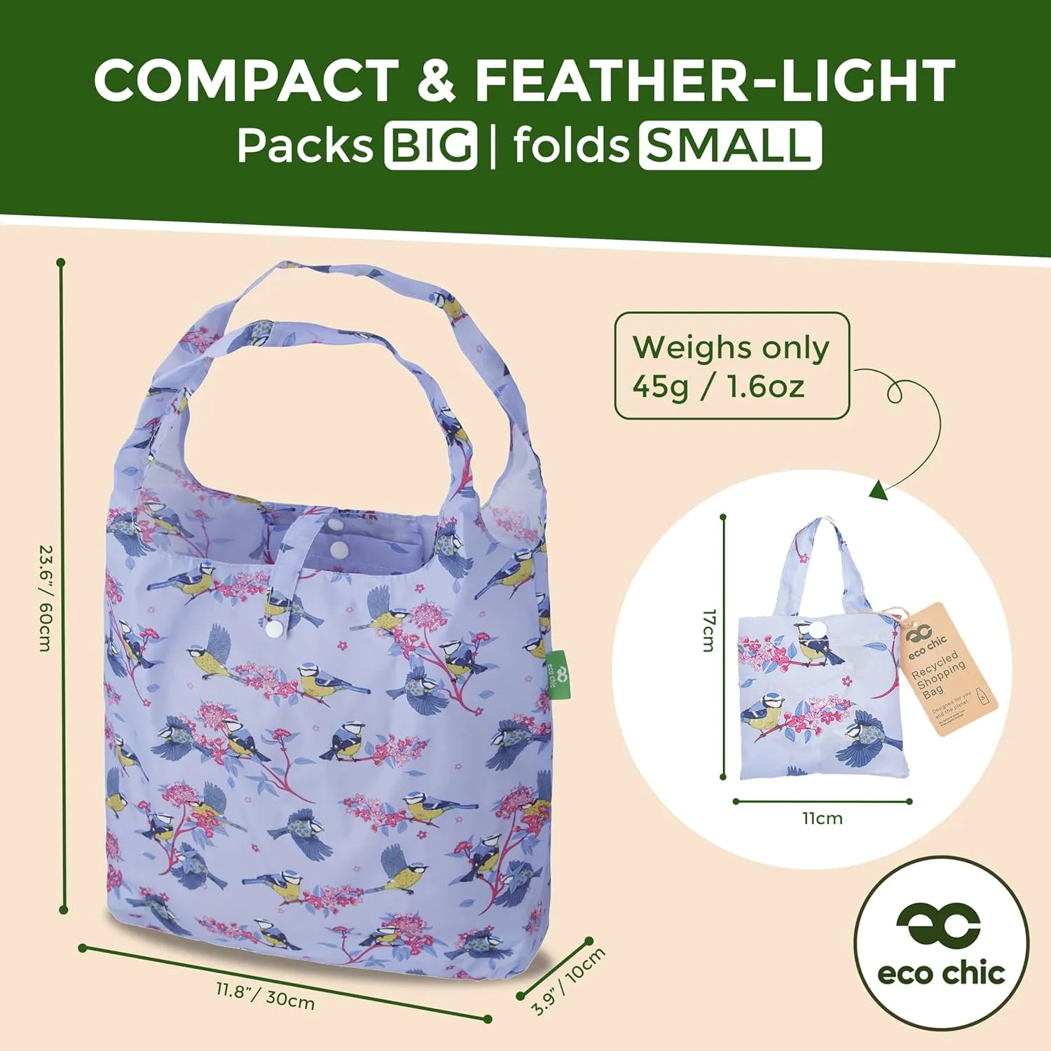 ECO CHIC Foldable Reusable Grocery Bags - Lightweight, Recycled & Reusable Shopping Bag - Waterproof Packable Tote