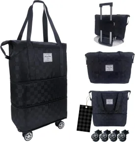 Expandable foldable duffel bag suitcase, detachable rolling wheels,carry-on large duffel bag,luggage bag,suit gym,camping,travel or business trip,Gift for wife and parents-Checkerboard(BLACK)
