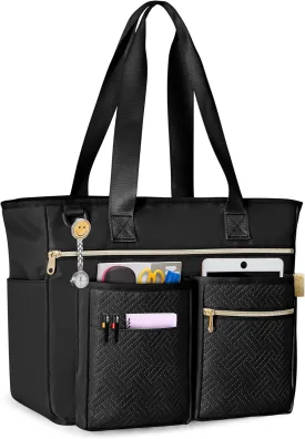 Fasrom Teacher Tote Bag for Work Women, Large Teacher Utility Bag with Padded Sleeve for up to 14 Inches Laptop and Teacher Supplies, Black