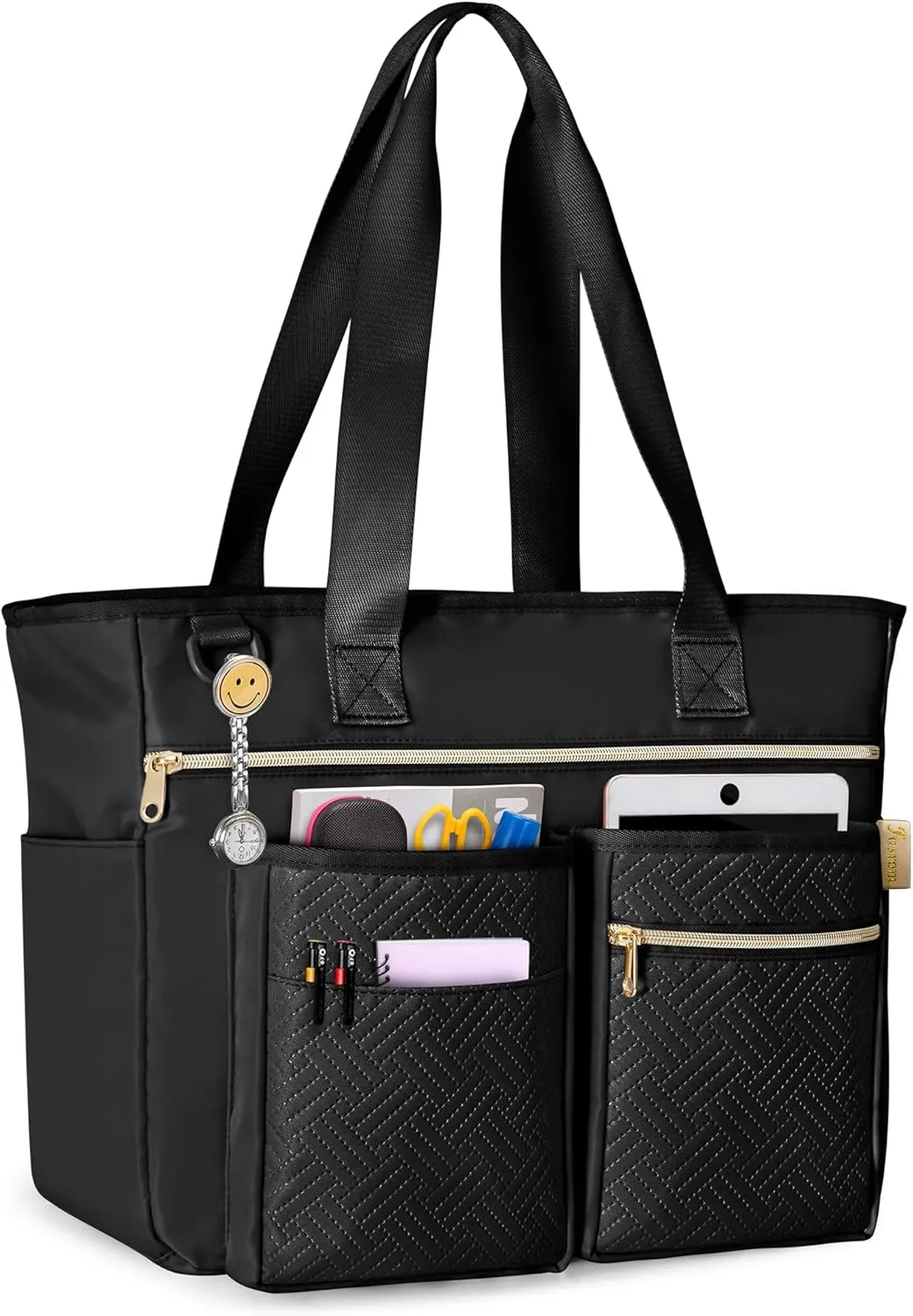 Fasrom Teacher Tote Bag for Work Women, Large Teacher Utility Bag with Padded Sleeve for up to 14 Inches Laptop and Teacher Supplies, Black