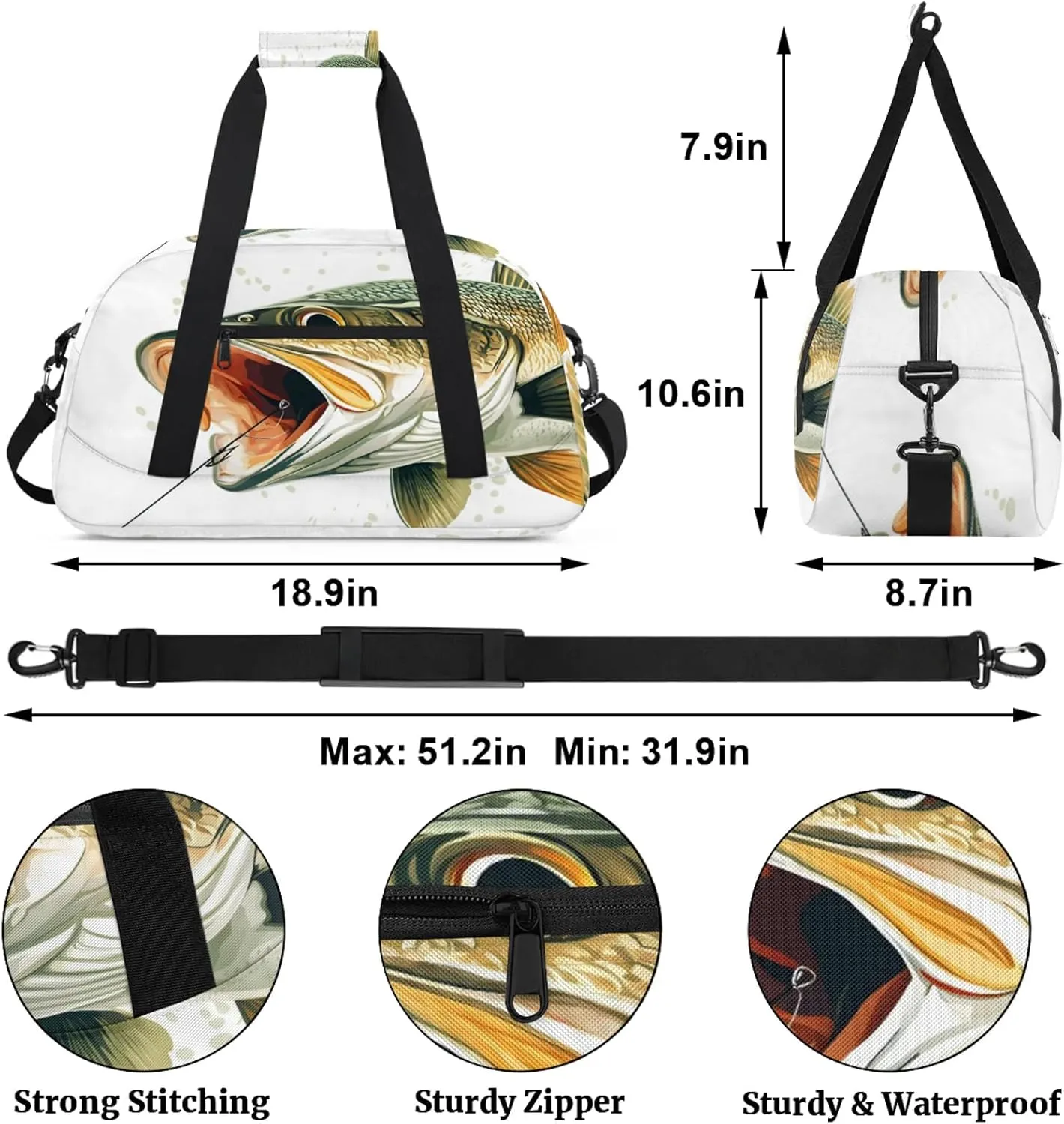 Fish Sports Duffle Gym Bags for Men or Women, Funny Fishes Lightweight Carry On Overnight Weekender Bag for Travel Workout