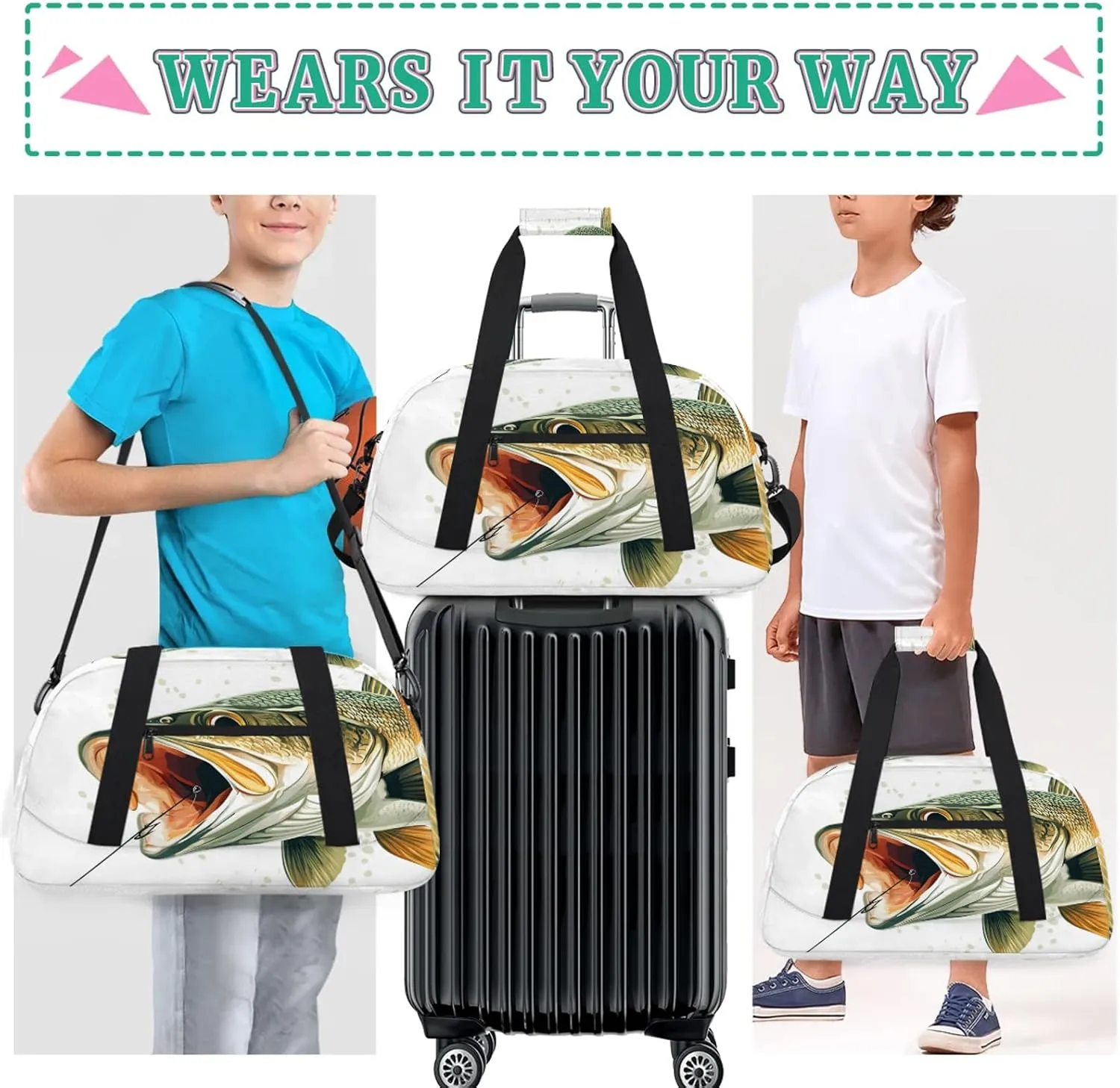 Fish Sports Duffle Gym Bags for Men or Women, Funny Fishes Lightweight Carry On Overnight Weekender Bag for Travel Workout