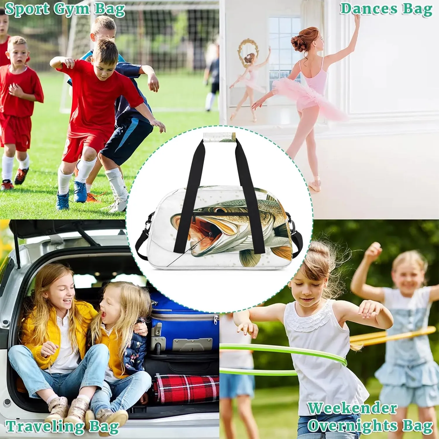 Fish Sports Duffle Gym Bags for Men or Women, Funny Fishes Lightweight Carry On Overnight Weekender Bag for Travel Workout