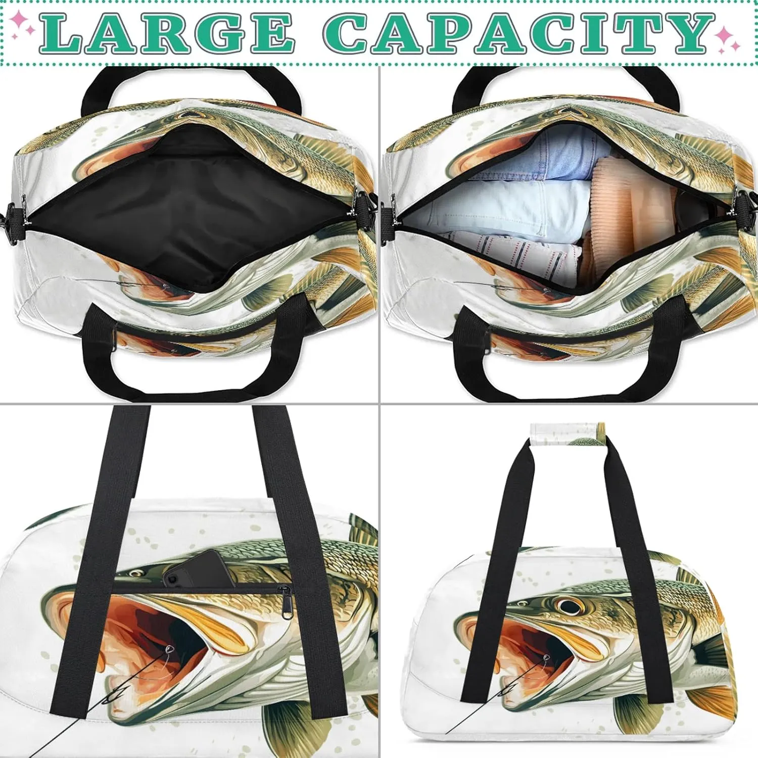 Fish Sports Duffle Gym Bags for Men or Women, Funny Fishes Lightweight Carry On Overnight Weekender Bag for Travel Workout