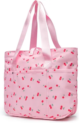 Foldable Floral Tote Bag for Women Nylon Travel Handbag with Zipper Cherry Print Purse Daily Commuter Bag for Work