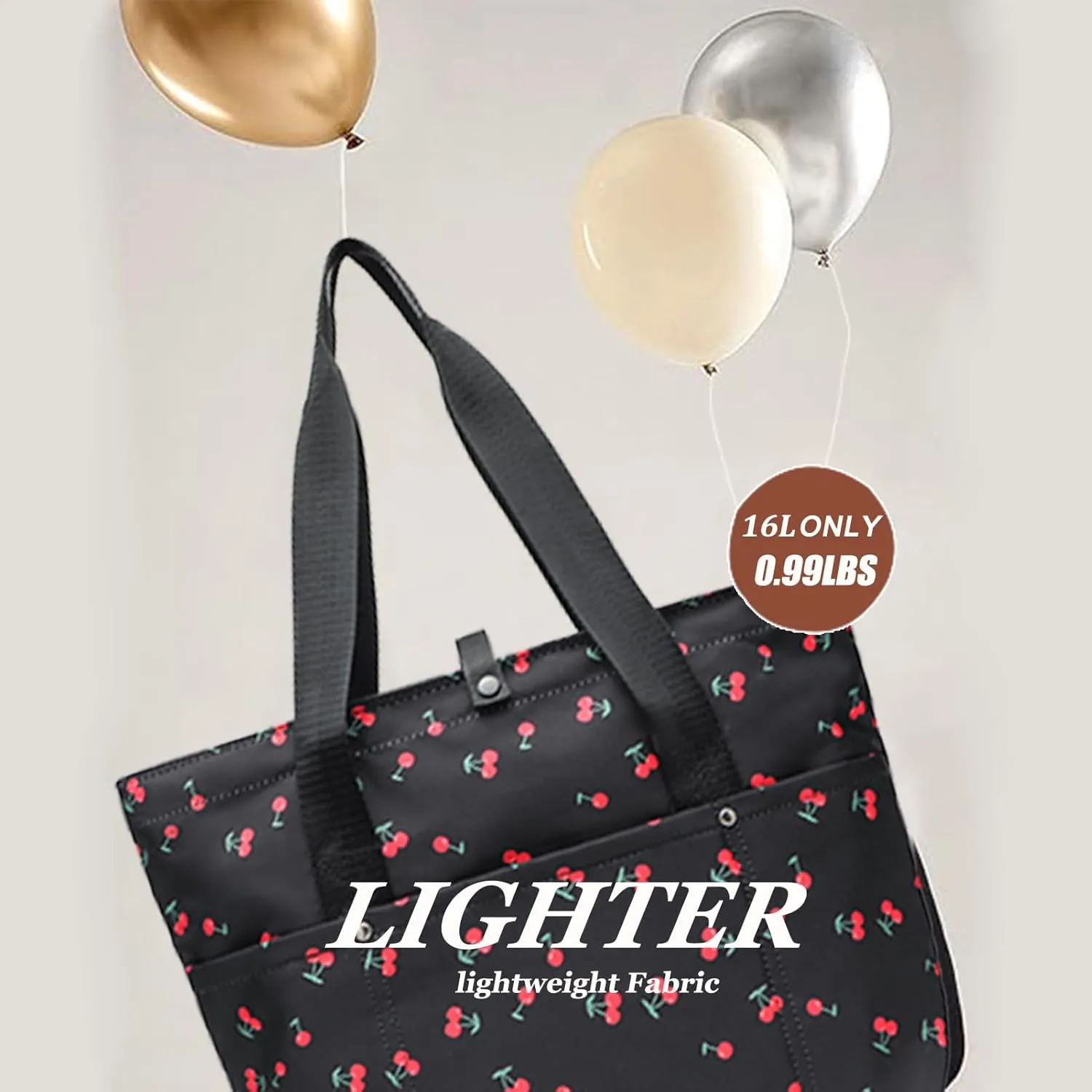 Foldable Floral Tote Bag for Women Nylon Travel Handbag with Zipper Cherry Print Purse Daily Commuter Bag for Work