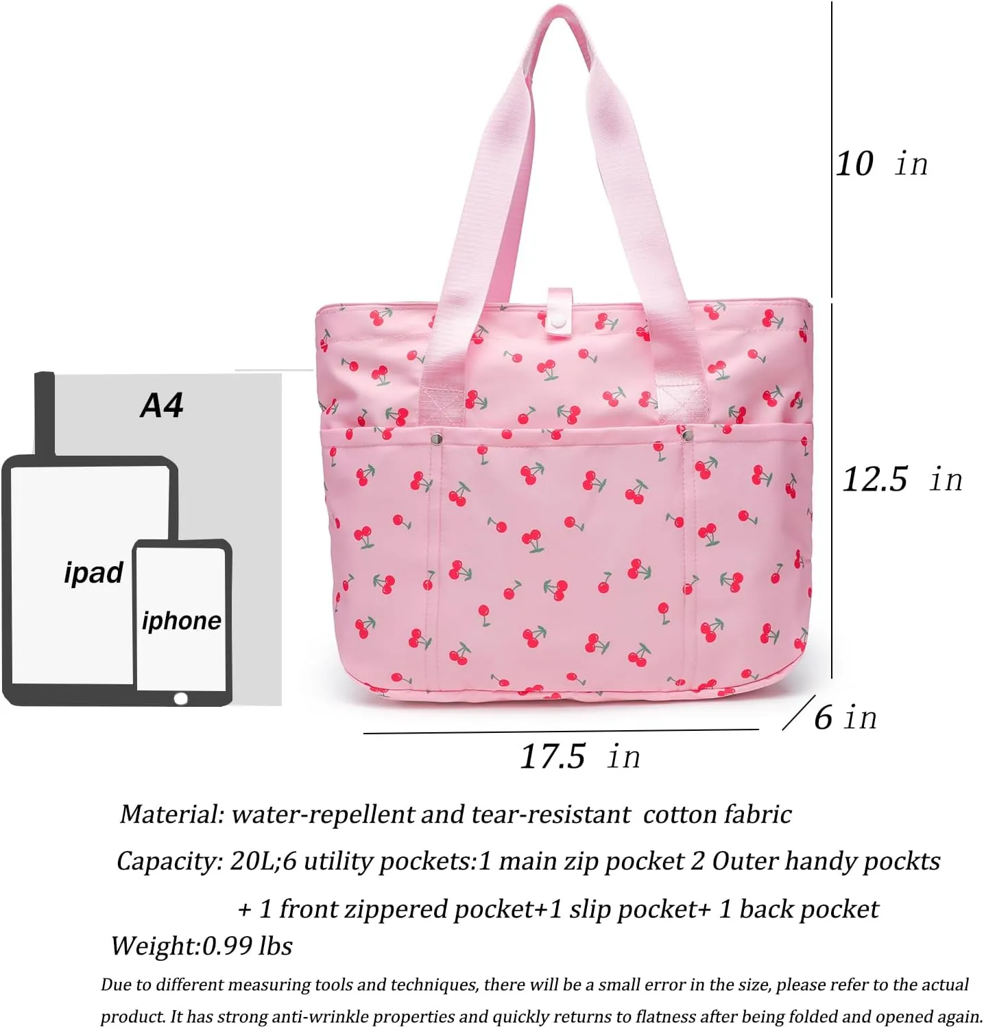Foldable Floral Tote Bag for Women Nylon Travel Handbag with Zipper Cherry Print Purse Daily Commuter Bag for Work