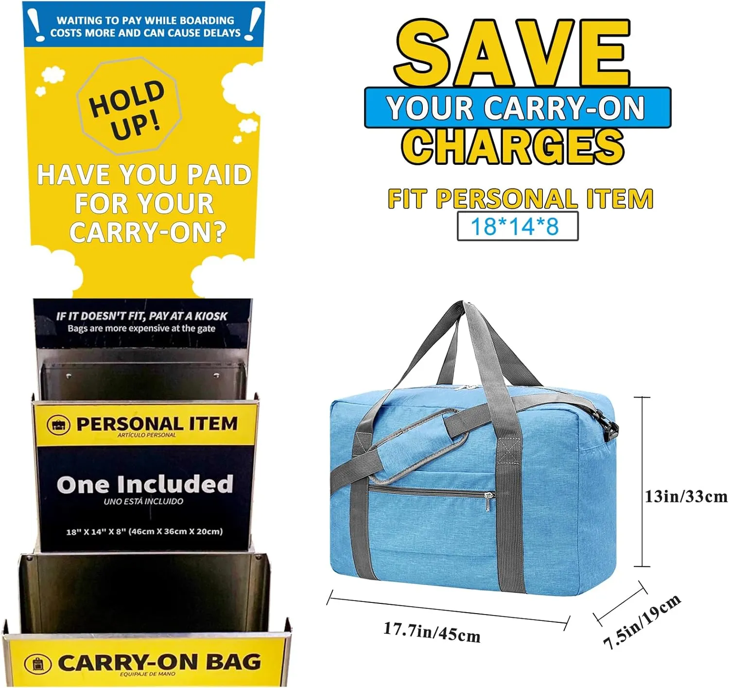 For Spirit Airlines Personal Item Bag 18x14x8 Foldable Carry on Bags for Airplanes Travel Duffel Bags for Women and Men