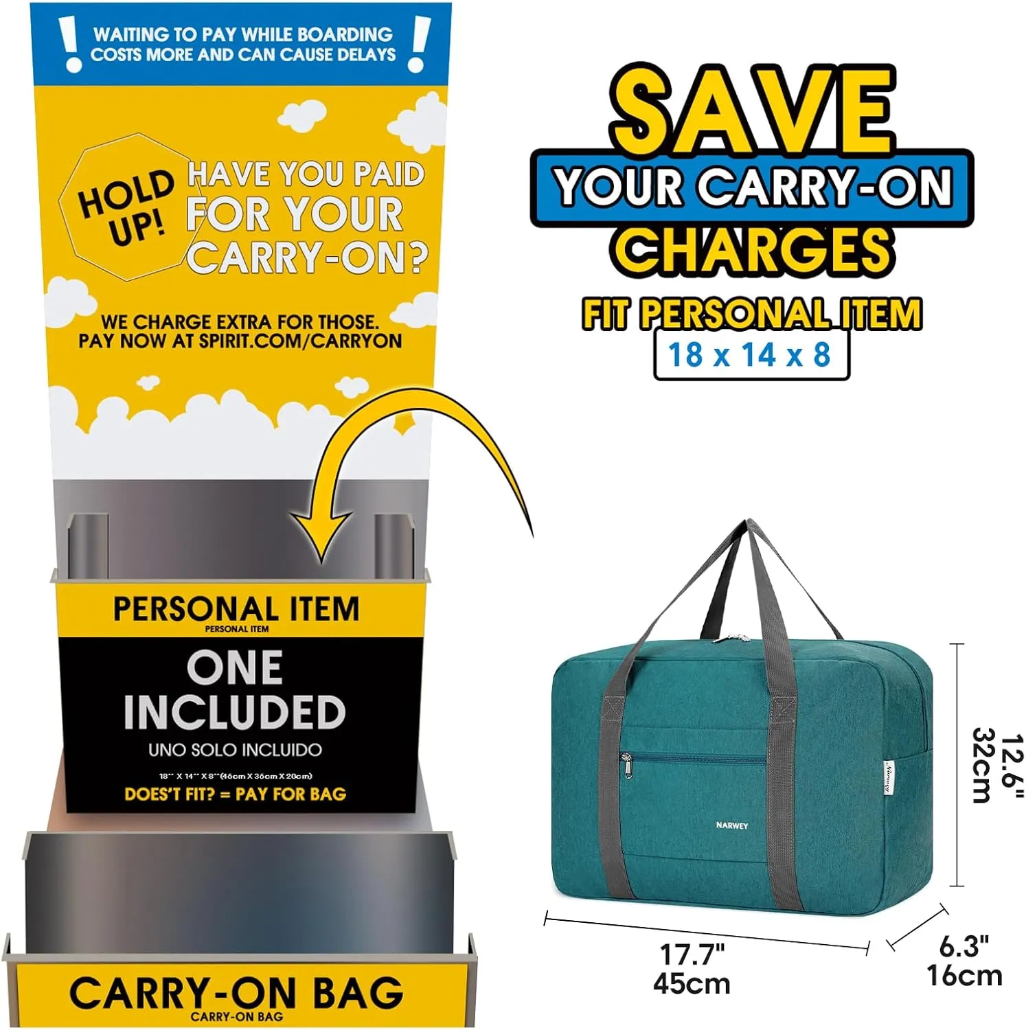 For Spirit Airlines Personal Item Bag 18x14x8 Foldable Travel Duffel Bag Tote Carry on Luggage Duffle Overnight for Women and Men