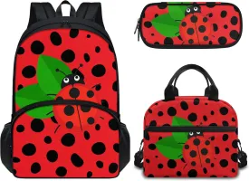 Forchrinse 3Piece Red Ladybug Polka Dot Backpack for Girls Kids Elementary Middle School Backpack Bookbag with Lunch Box Pencil Bag