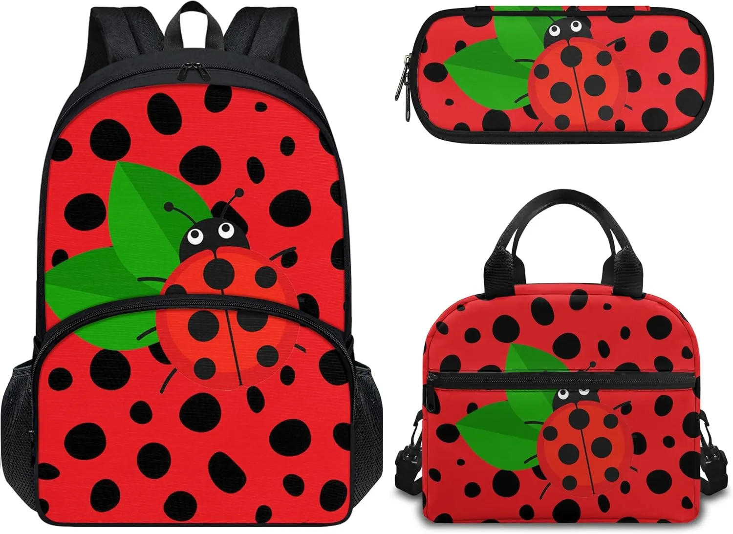 Forchrinse 3Piece Red Ladybug Polka Dot Backpack for Girls Kids Elementary Middle School Backpack Bookbag with Lunch Box Pencil Bag