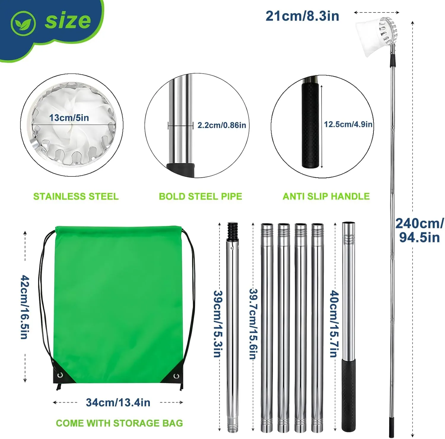 Fruit Picker Pole Tool with Basket Telescoping, 3.2FT-7.9FT Adjustable Pole, Apple Picker Tool with Soft Bag, Long Handle Picker for Avocado, Lemon, Orange, Mango, Limes, Persimmons, Plums