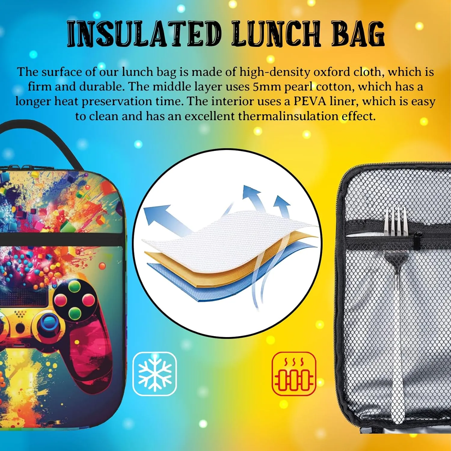Gamepad Lunch Box Boy Video Game Reusable Lunch Bag Waterproof Thermal Insulated Kids Lunch Box Portable Mini Cooler for Girls Kids Boys for School Picnic Camping Daycare