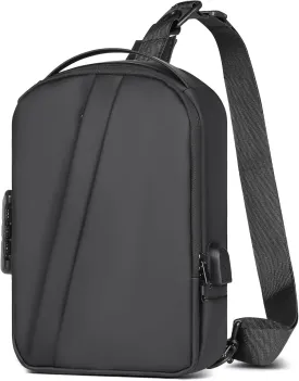 Geestock Men's Crossbody Sling Bag with Anti-Theft Password Lock, Waterproof Sling Backpack with USB Charging Port, PU Leather Chest Bag Casual Shoulder Bag (Black)